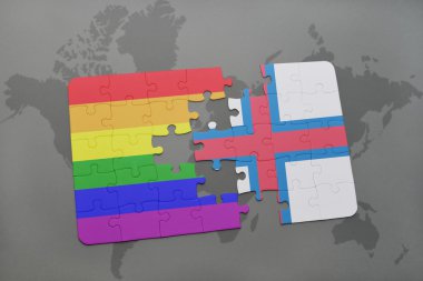 bir dünya haritası arka plan üzerinde faroe adaları ve eşcinsel gökkuşağı bayrağı ulusal bayrağı ile bulmaca.