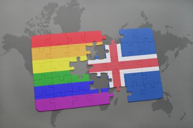 bir dünya haritası arka plan üzerinde İzlanda ve eşcinsel gökkuşağı bayrağı ulusal bayrağı ile bulmaca.