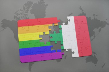 bir dünya haritası arka plan üzerinde İtalya ve eşcinsel gökkuşağı bayrağı ulusal bayrağı ile bulmaca.