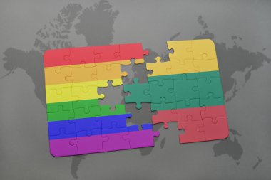 bir dünya haritası arka plan üzerinde litvanya ve eşcinsel gökkuşağı bayrağı ulusal bayrağı ile bulmaca.