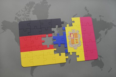 bir dünya haritası arka plan üzerinde Almanya ve Andorra ulusal bayrağı ile bulmaca.