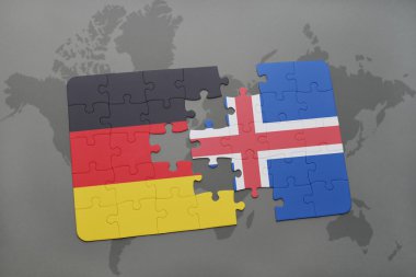 puzzle with the national flag of germany and iceland on a world map background. clipart