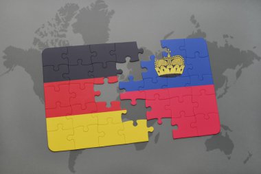 bir dünya haritası arka plan üzerinde Almanya ve lihtenştayn ulusal bayrağı ile bulmaca.