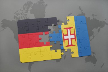 bir dünya haritası arka plan üzerinde Almanya ve madeira ulusal bayrağı ile bulmaca.