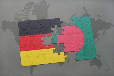 bir dünya haritası arka plan üzerinde Almanya ve Bangladeş ulusal bayrağı ile bulmaca.