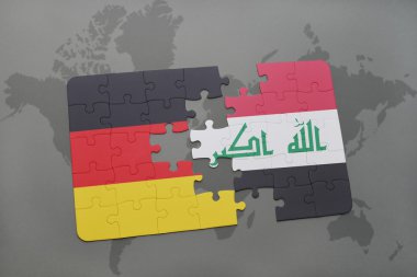 bir dünya haritası arka plan üzerinde Almanya ve Irak ulusal bayrağı ile bulmaca.