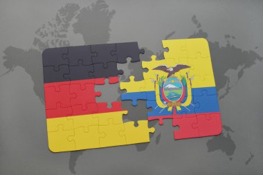 bir dünya haritası arka plan üzerinde Almanya ve Ekvador ulusal bayrağı ile bulmaca.