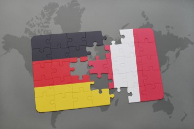 bir dünya haritası arka plan üzerinde Almanya ve Peru ulusal bayrağı ile bulmaca.