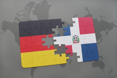 bir dünya haritası arka plan üzerinde Almanya ve Dominik Cumhuriyeti ulusal bayrağı ile bulmaca.