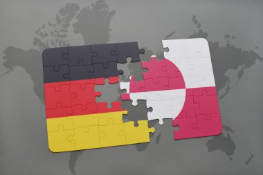 Almanya ve Grönland Ulusal bayrak dünya harita arka plan üzerinde ile bulmaca.