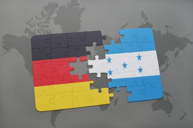 Almanya ve honduras ulusal bayrak dünya harita arka plan üzerinde ile bulmaca.