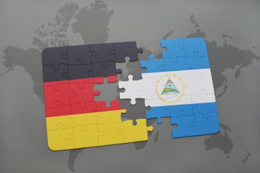 Almanya ve Nikaragua ulusal bayrak dünya harita arka plan üzerinde ile bulmaca.