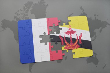 bir dünya haritası arka plan üzerinde Fransa ve brunei ulusal bayrağı ile bulmaca.