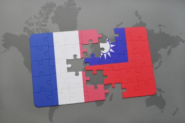 bir dünya haritası arka plan üzerinde Fransa ve Tayvan ulusal bayrağı ile bulmaca.