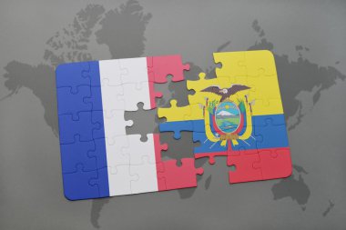 bir dünya haritası arka plan üzerinde Fransa ve Ekvador ulusal bayrağı ile bulmaca.