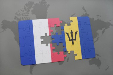 bir dünya haritası arka plan üzerinde Fransa ve Barbados ulusal bayrağı ile bulmaca.