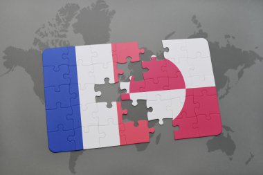 bir dünya haritası arka plan üzerinde Fransa ve grönland ulusal bayrağı ile bulmaca.