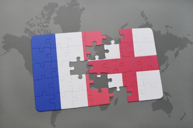 bir dünya haritası arka plan üzerinde Fransa ve İngiltere ulusal bayrağı ile bulmaca.