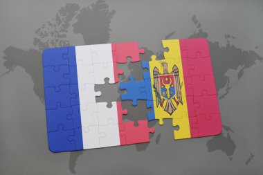Fransa ve dünya harita arka plan üzerinde moldova bayrağı ile bulmaca.