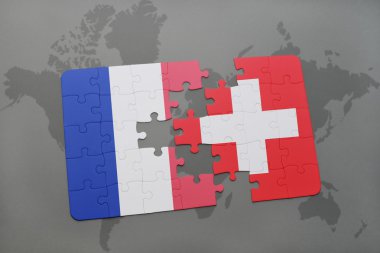 Fransa ve İsviçre ulusal bayrak dünya harita arka plan üzerinde ile bulmaca.