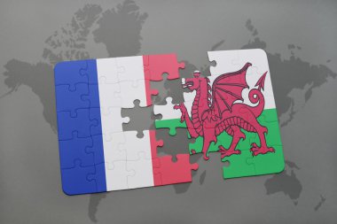 Fransa ve dünya harita arka plan üzerinde Galler Ulusal bayrak ile bulmaca.