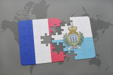 Dünya harita arka plan üzerinde Fransa ve san marino bayrağı ulusal ile bulmaca.