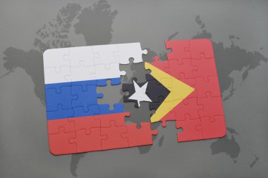 bir dünya haritası arka plan üzerinde Rusya ve Doğu timor ulusal bayrağı ile bulmaca.