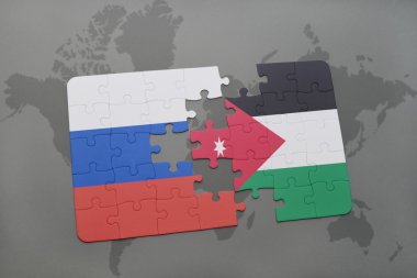 bir dünya haritası arka plan üzerinde Rusya ve Ürdün ulusal bayrağı ile bulmaca.