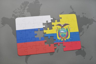 bir dünya haritası arka plan üzerinde Rusya ve Ekvador ulusal bayrağı ile bulmaca.