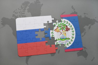 rusya ulusal bayrağı ile bulmaca ve bir dünya haritası arka plan üzerinde belize.
