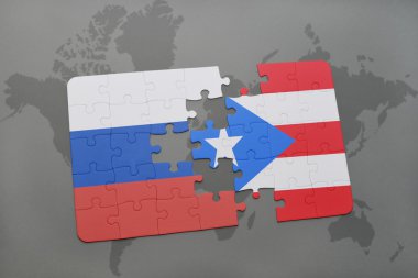 bir dünya haritası arka plan üzerinde Rusya ve Porto Riko ulusal bayrağı ile bulmaca.