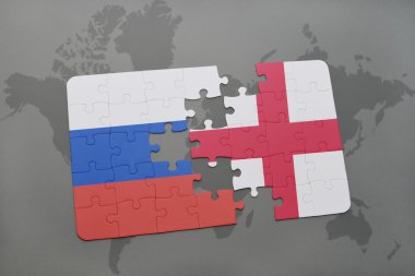 bir dünya haritası arka plan üzerinde Rusya ve İngiltere ulusal bayrağı ile bulmaca.