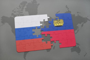 bir dünya haritası arka plan üzerinde Rusya ve Lihtenştayn ulusal bayrağı ile bulmaca.