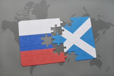 bir dünya haritası arka plan üzerinde Rusya ve İskoçya ulusal bayrağı ile bulmaca.