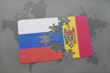 bir dünya haritası arka plan üzerinde Rusya ve Moldova ulusal bayrağı ile bulmaca.