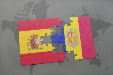 bir dünya haritası arka plan üzerinde İspanya ve andorra ulusal bayrağı ile bulmaca.