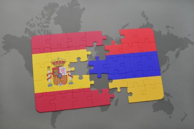 bir dünya haritası arka plan üzerinde İspanya ve Ermenistan ulusal bayrağı ile bulmaca.