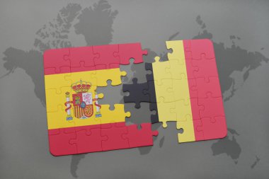 bir dünya haritası arka plan üzerinde İspanya ve Belçika ulusal bayrağı ile bulmaca.