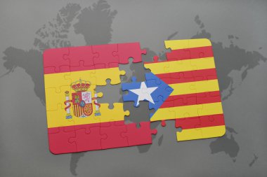 bir dünya haritası arka plan üzerinde İspanya ve Katalonya ulusal bayrağı ile bulmaca.