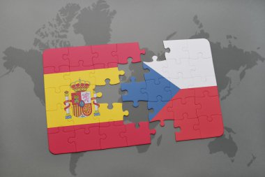 bir dünya haritası arka plan üzerinde İspanya ve Çek Cumhuriyeti ulusal bayrağı ile bulmaca.
