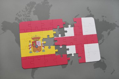 bir dünya haritası arka plan üzerinde İspanya ve İngiltere ulusal bayrağı ile bulmaca.
