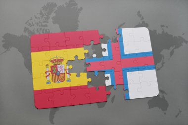 bir dünya haritası arka plan üzerinde İspanya ve faroe adaların ulusal bayrağı ile bulmaca.