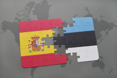 bir dünya haritası arka plan üzerinde İspanya ve Estonya ulusal bayrağı ile bulmaca.