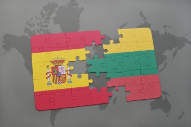 bir dünya haritası arka plan üzerinde İspanya ve Litvanya ulusal bayrağı ile bulmaca.