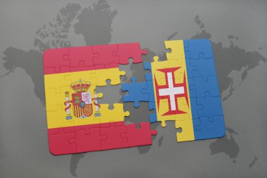 bir dünya haritası arka plan üzerinde İspanya ve madeira ulusal bayrağı ile bulmaca.