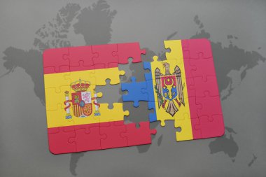 bir dünya haritası arka plan üzerinde İspanya ve Moldova ulusal bayrağı ile bulmaca.