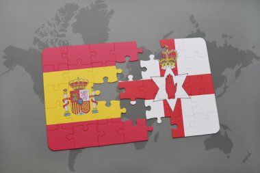 bir dünya haritası arka plan üzerinde İspanya ve Kuzey İrlanda ulusal bayrağı ile bulmaca.