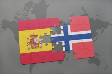 bir dünya haritası arka plan üzerinde İspanya ve Norveç ulusal bayrağı ile bulmaca.