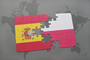 bir dünya haritası arka plan üzerinde İspanya ve Polonya ulusal bayrağı ile bulmaca.