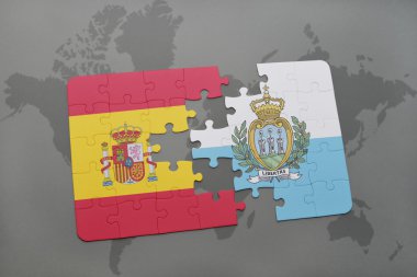 bir dünya haritası arka plan üzerinde İspanya ve san marino ulusal bayrağı ile bulmaca.